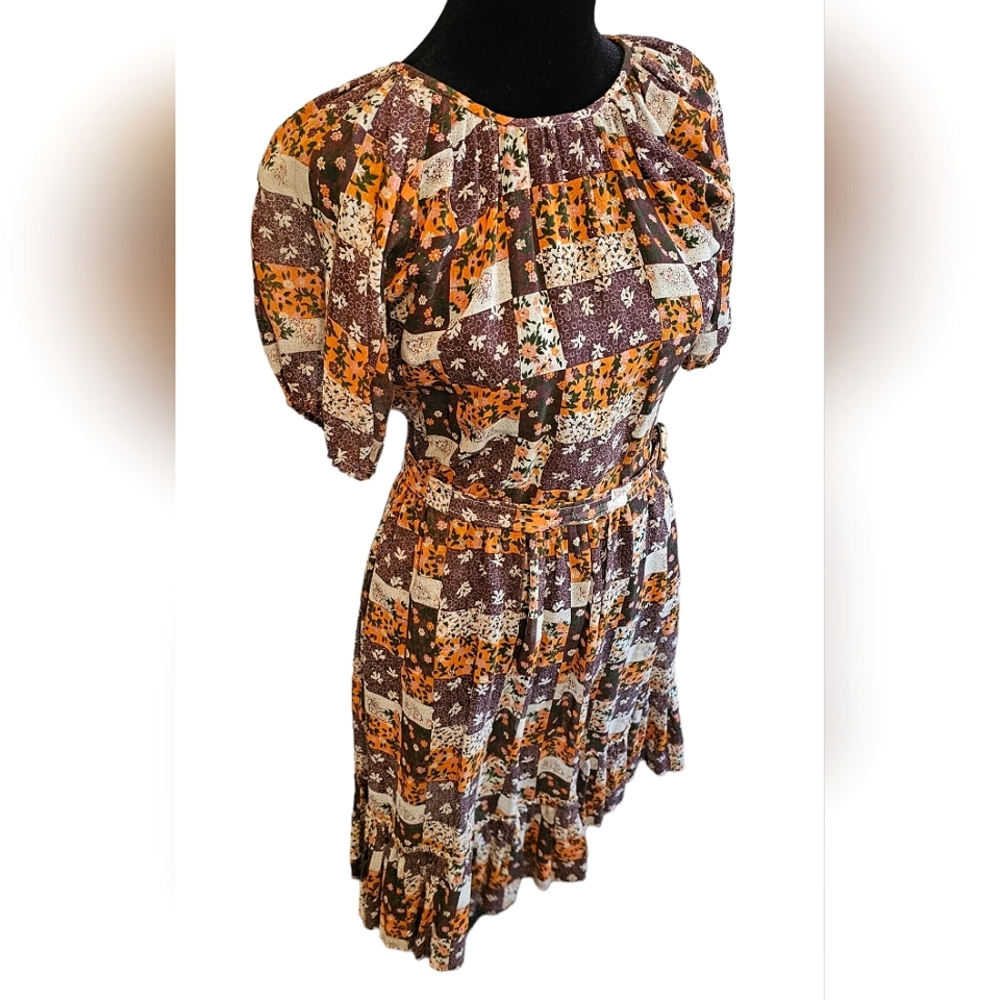 Vintage 70s Autumn Calico Square Dance Dress Small/Juniors